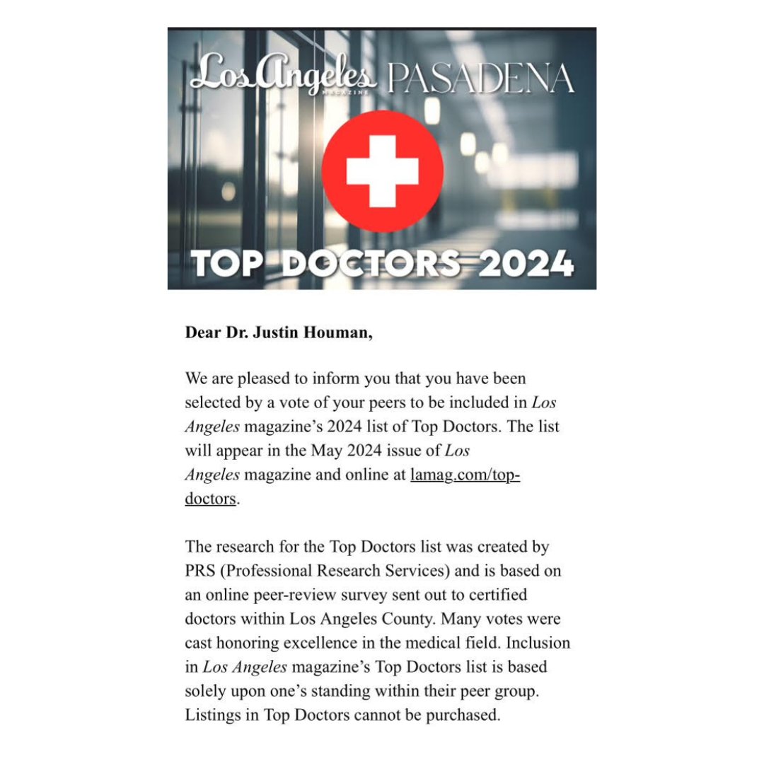 Honored and grateful to be chosen by my peers as one of LA Magazine's Top Doctors 2024! 🏆✨ Thank you for the recognition and trust. #TopDoctor #Gratitude #MedicalExcellence #Honored #LA2024