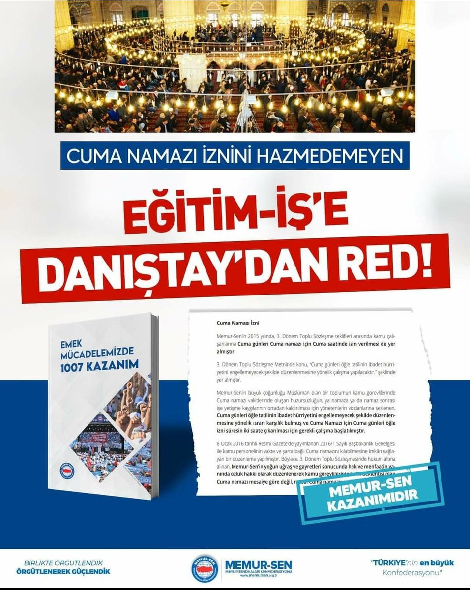 CUMA NAMAZI İZNİNİ HAZMEDEMEYEN EĞİTİM-İŞ’E DANIŞTAY’DAN RED! 

Milletimizin değerleriyle kavgalı, kaybetmeye hükümlü azgın azınlık, toplu sözleşme kazanımımız olan ‘Cuma Namazı İzni’nin iptal edilmesi istemiyle açtığı davayı kaybetti.