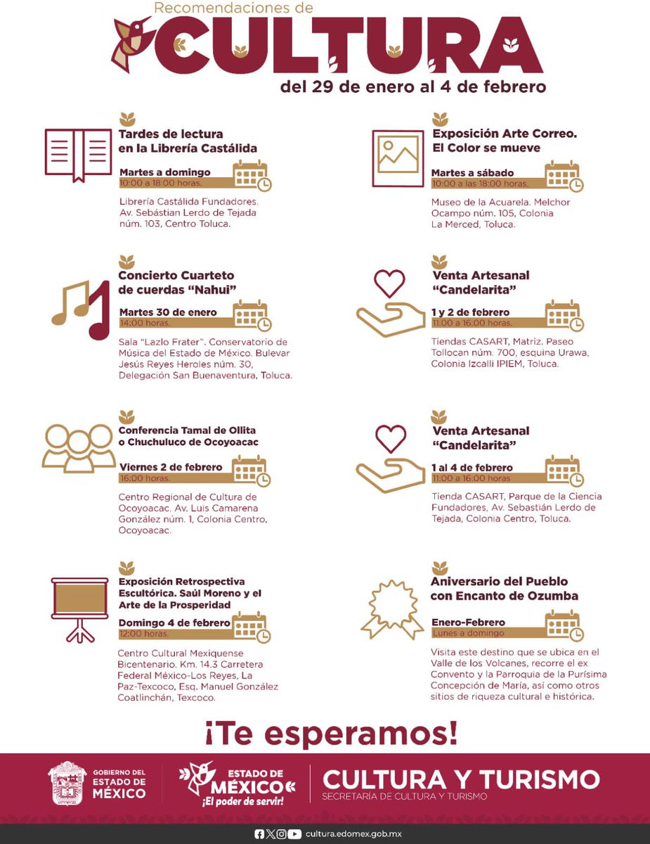 JilotepecSreb's tweet photo. Te compartimos las #RecomendacionesDeCultura del 29 de enero al 04 de febrero, disfruta de ellas en compañía de toda tu familia.
¡Te esperamos!
#ElPoderDeServir https://t.co/161DOMMYUi