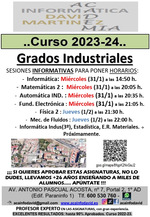 AcaInfoDavid's tweet photo. Comenzamos mañana las clases del 2º Cuatr. poniendo los horarios de múltiples asignaturas. Reserva tu plaza, y aprende con nosotros. +26 años de experiencia. 
+info y reserva en el 600530760(whats).

ÚNETE !!! https://t.co/pCsurBPF1x