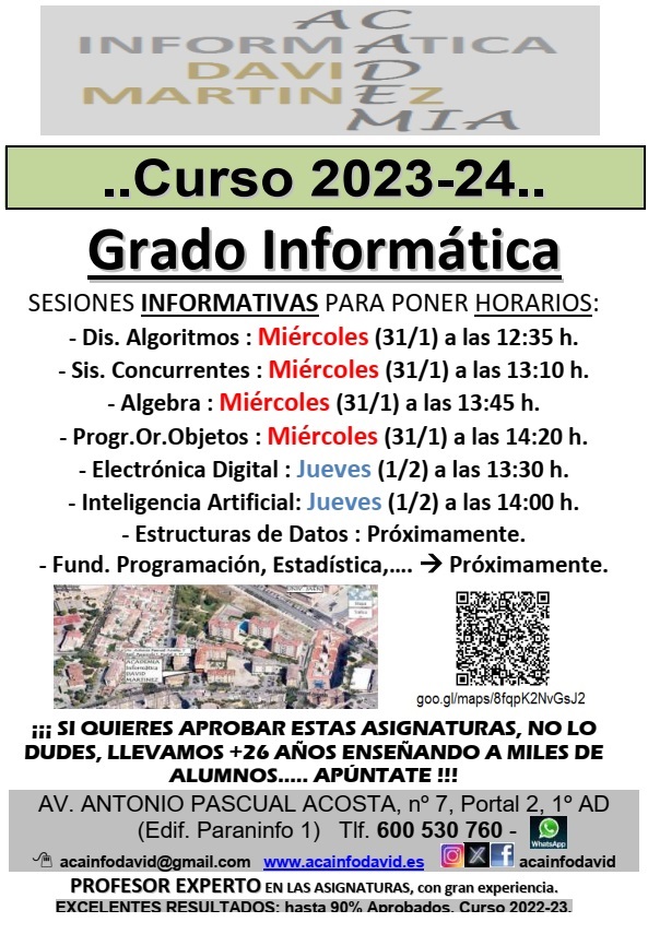 AcaInfoDavid's tweet photo. Comenzamos mañana las clases del 2º Cuatr. poniendo los horarios de múltiples asignaturas. Reserva tu plaza, y aprende con nosotros. +26 años de experiencia. 
+info y reserva en el 600530760(whats).

ÚNETE !!! https://t.co/pCsurBPF1x