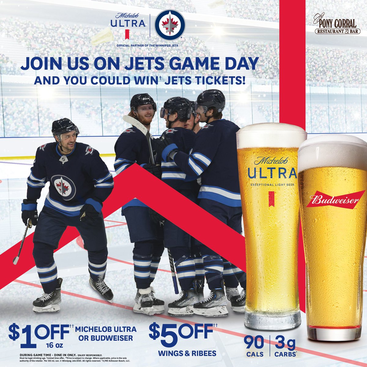 The Pony Corral is your sports destination including all Winnipeg Jets Home &amp; Away games on big screen TV’s
.. and during the game get $5.00 off wings or ribbees and $1.00 off a Bud Light Draft.
 🏒 Plus be entered to win lots of prizes including a Bud Light mini fridge