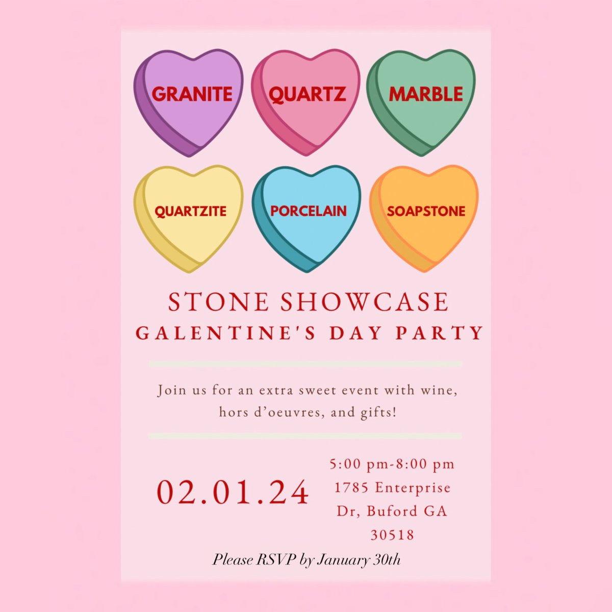 StoneShowcaseGA's tweet photo. Please join us for our Designer-Exclusive Galentine’s Event on February 1st from 5:00-8:00 pm. A fun night with food, drinks, and prizes. We can’t wait to see you there! Call us @ (678) 546-6166 to RSVP https://t.co/cALVppneH3