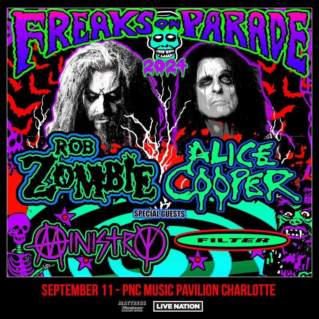 1053TheBear's tweet photo. @RobZombie & @AliceCooper are bringing the #FreaksOnParade Tour 2024 with @weareMinistry & @officialFilter to @PNCMusicPav #Charlotte 9/11! ☠️
Tickets on sale NOW, and Big Nate has one final chance for you to win today during the #retrolunch
https://t.co/ruzc4QWUj4 https://t.co/Ba566uZDUE