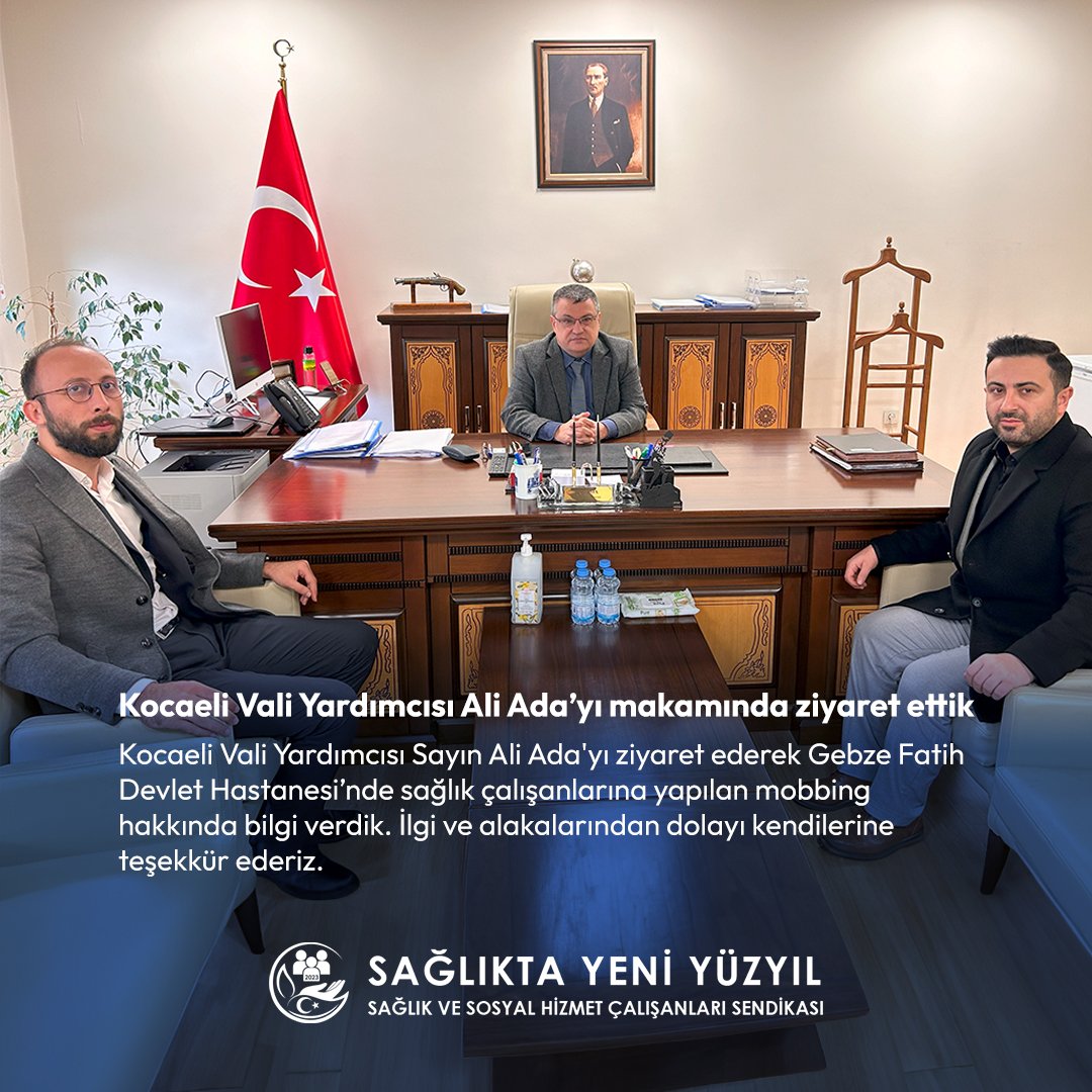 Kocaeli Vali Yardımcısı Sayın Ali Ada'yı makamında ziyaret ederek Gebze Fatih Devlet Hastanesi’nde sağlık çalışanlarına yapılan mobbing hakkında bilgi verdik. İlgi ve alakalarından dolayı kendilerine teşekkür ederiz.

#SağlıktaYeniYüzyıl #SağlıkSendikası #SağlıkÇalışanları