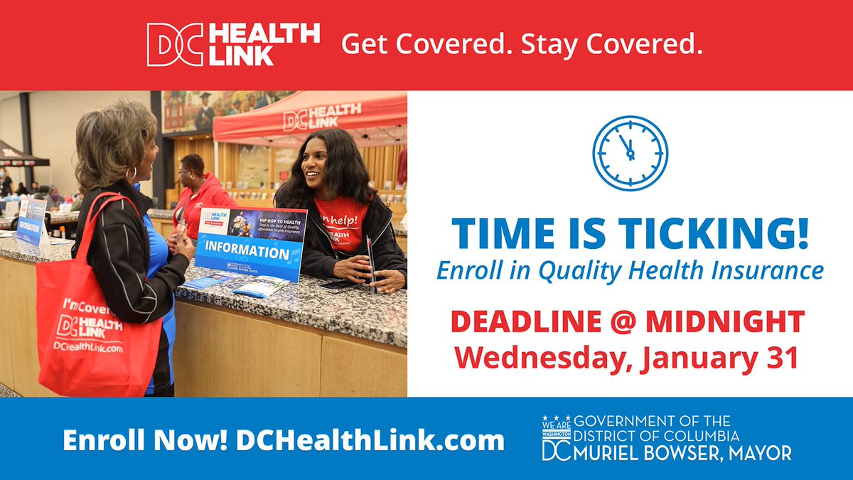 DCHealthLink's tweet photo. ONE DAY LEFT! Open Enrollment ends tomorrow Jan 31. NOW is the time to enroll in quality, affordable health insurance coverage for yourself + your family. Visit https://t.co/8NlsBMtYFm TODAY &amp; #GetCoveredDC &amp; #StayCoveredDC https://t.co/99sjlumLCO
