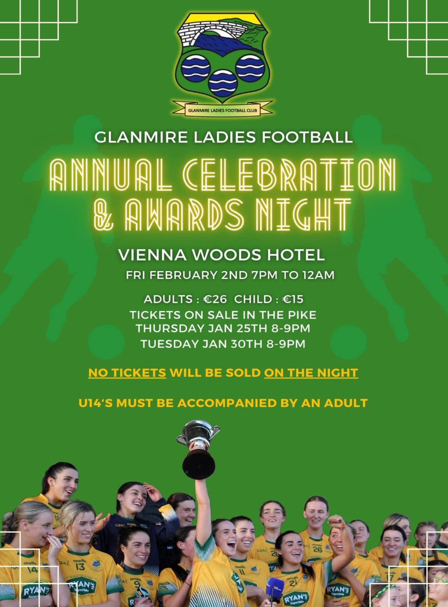 OUR AWARDS NIGHT TICKET SALES is TONIGHT

Don’t forget tonight in the Pike from 8-9pm is the last night of ticket sales so be sure to get down for yours!

📍 The pike
⏰ 8 - 9pm

🏐💛💚🏐

<a href="/GNBCORK/">Glanmire noticeboard</a> <a href="/eastcorklgf/">East Cork LGF</a> <a href="/ryanssupervalu/">Ryan's SuperValu</a> <a href="/Wellbean_Coffee/">Wellbean Coffee</a> <a href="/GlanmireGAA/">Glanmire GAA</a> <a href="/ParishGlanmire/">Glanmire Parish</a>