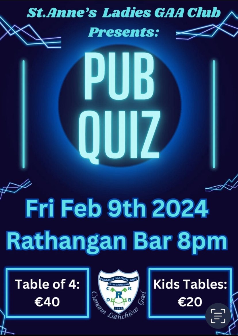 StAnnes_GAA's tweet photo. Hi everyone St.Annes ladies are going to kick off the 2024 season in two weeks time with a table/pub quiz on the 9th of February. Proceeds will go towards equipment for training and there will be kids tables and adults tables. All support would be much appreciated. https://t.co/18Ygw53Elu