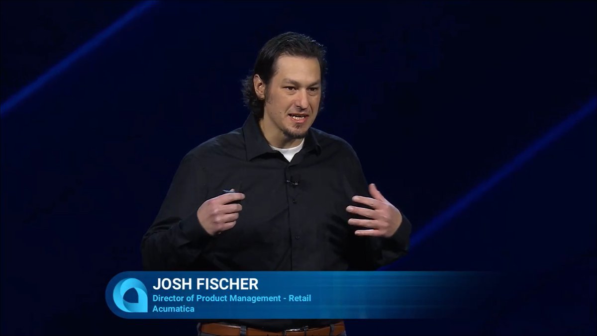 TimRodman's tweet photo. Josh Fischer on stage to talk about Retail. When he looks around, all he sees is commerce  #AcumaticaSummit https://t.co/Sz7ouiFXHx