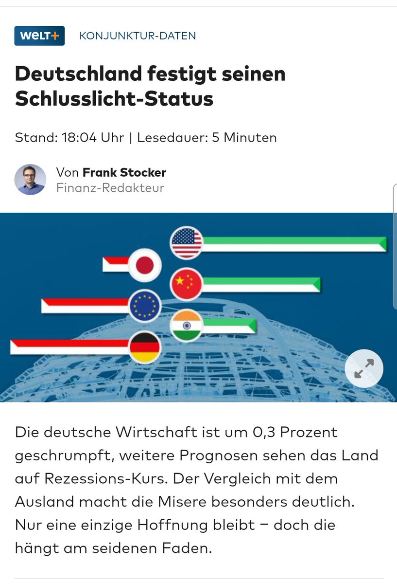ChristophCanne's tweet photo. Die Talfahrt von Ampeldeutschland beschleunigt sich dramatisch:

"Zunächst veröffentlichte das Statistische Bundesamt (Destatis) verheerende aktuelle Konjunkturdaten, dann legte das Ifo-Institut eine pessimistische Prognose obendrauf, und schließlich stufte auch der Internationale Währungsfonds (IWF) Deutschland drastisch herab.

Kernaussagen des Tages: Deutschlands Wirtschaft steckt in der Rezession, die Krise verfestigt sich. Das Land wird immer weiter abgehängt."

Kein schöner Weltuntergang, Herr #Habeck.

https://t.co/Xe4Zd0T5zc