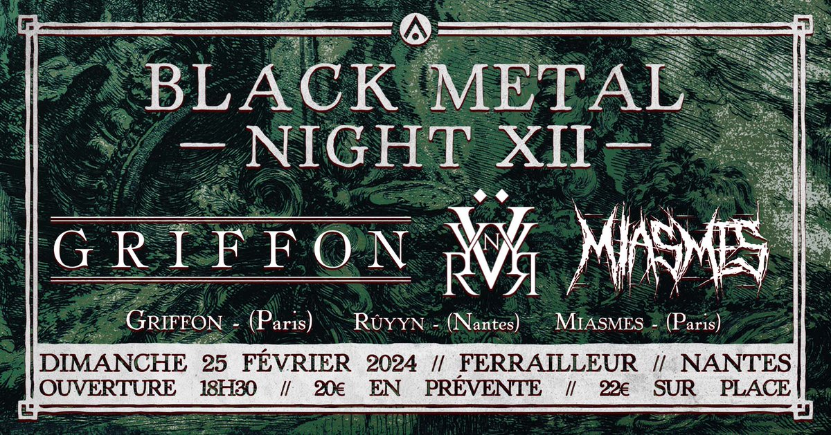 Ladlo_prod's tweet photo. 🔥 ANNONCE CONCERTS 🔥

🇱🇷 Acod @ 70000 tons of Metal, Miami

🇫🇷 Ruyyn @ Le Haillan
https://t.co/DVdtYSpmLp

🇫🇷  Griffon + Rüyyn + Miasmes @ Black Metal Night XII, Nantes
https://t.co/2XwC0FQf58 https://t.co/NpdmL3jWC3