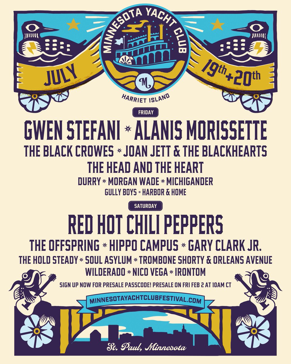 mnyachtclub's tweet photo. 2024 Lineup 🛥 Presale begins Friday 2/2 at 10am CT with access to the lowest-priced tickets ☀️ Sign up now for a presale passcode: https://t.co/yb6zPgF4ja

A general on-sale will follow on 2/2 at 11am CT if tickets remain. https://t.co/WYtFvp6Ds6