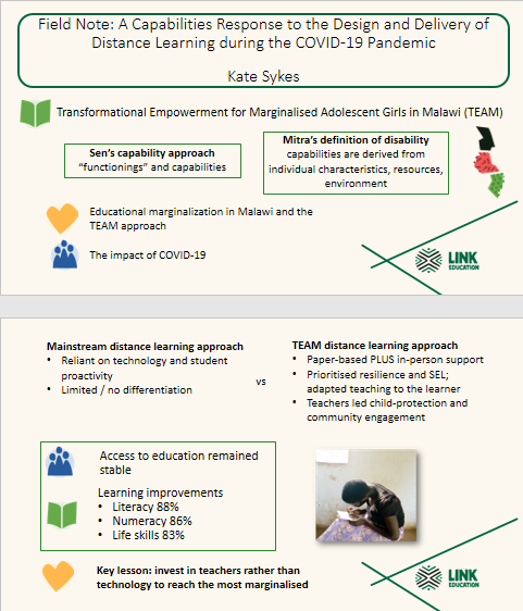It was great to see Kate Sykes present Link’s work on our #Covid19 response in #Malawi at INEE’s webinar launch for JEiE volume 9. Here’s the link to the paper 
tinyurl.com/vmvhwrf5

#GEC #UKaid #linkmalawi