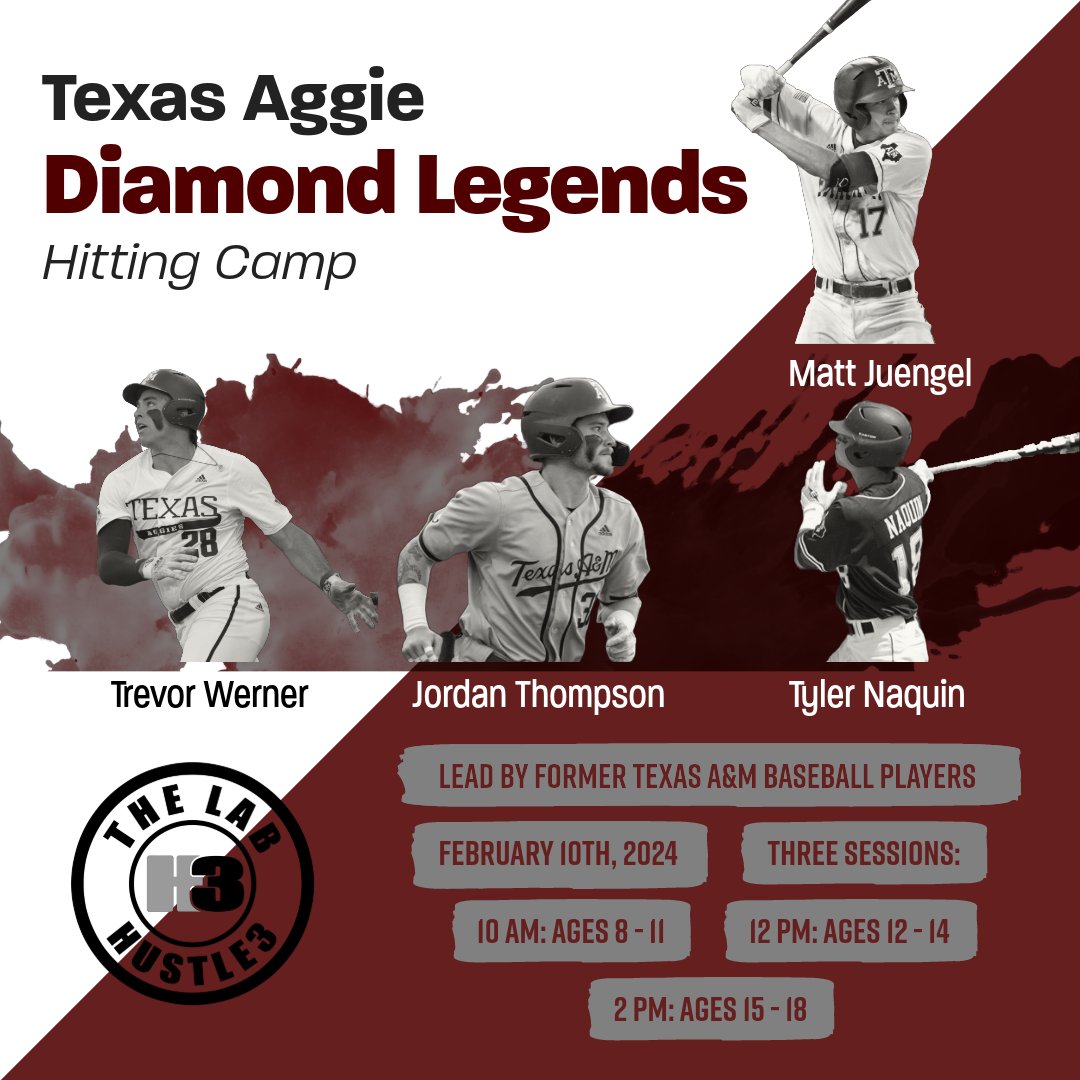 ⚾️ TEXAS AGGIE DIAMOND LEGENDS HITTING CAMP

🔥 Sharpen your hitting skills &amp; learn from former Texas Aggie Baseball players <a href="/MattJuengel/">Matt Juengel</a> , <a href="/TrevorWerner12/">Trevor Werner</a> , <a href="/jorrrdan/">Jordan Thompson</a> , &amp; <a href="/TyNaquin/">Tyler Wesley Naquin</a> !

📅 Feb 10
⚡️Spots are going fast, so sign up while they are still available

#BUILTINTHELAB