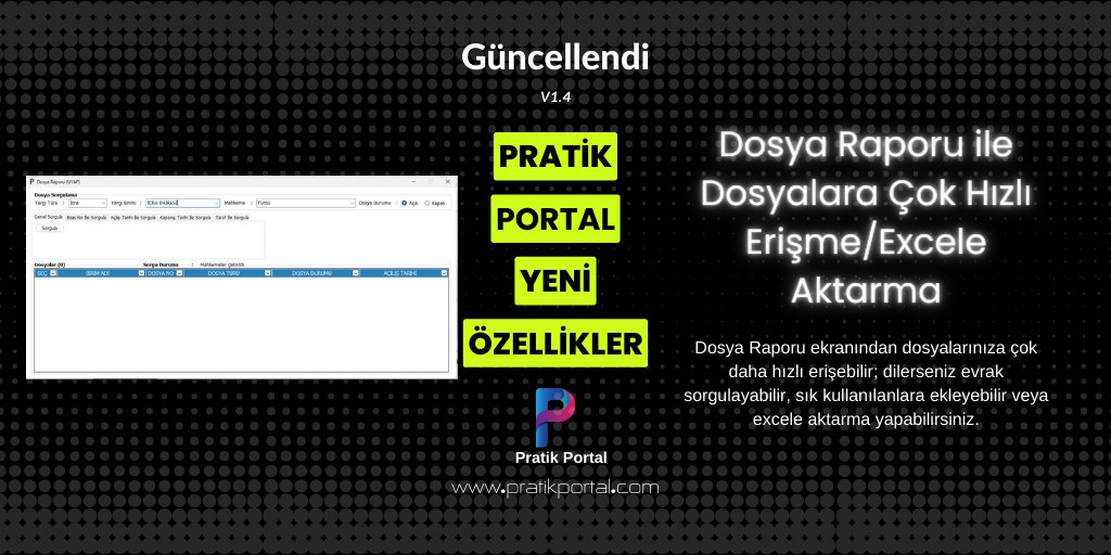 Pratik Portal ile dosyalarınıza Dosya Raporu sayesinde çok hızlı şekilde erişme, evrak sorgulama, sık kullanılanlara ekleme veya excele aktarma imkanına sahip olursunuz.
pratikportal.com