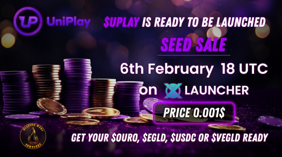 🎉$UPLAY is launching!

🌱Seed Sale
🗓Feb 6 @ 18:00 UTC⏲

🚀Where?
@xlauncher_

💲Price
$0.001💰

💱Trading Pairs:
$OURO, $EGLD, $USDC, $VEGLD 💹