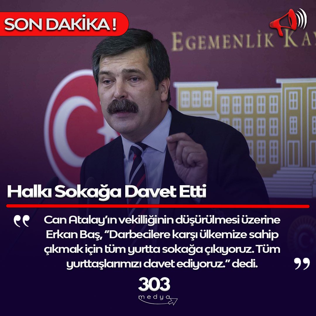 Can Atalay'ın vekilliğinin düşürülmesi üzerine Erkan Baş, "Darbecilere karşı ülkemize sahip çıkmak için tüm yurtta sokağa çıkıyoruz. Tüm yurttaşlarımızı davet ediyoruz." dedi. #erkanbaş #canatalay #darbe #vekillik #sondakika #haber #meclis
