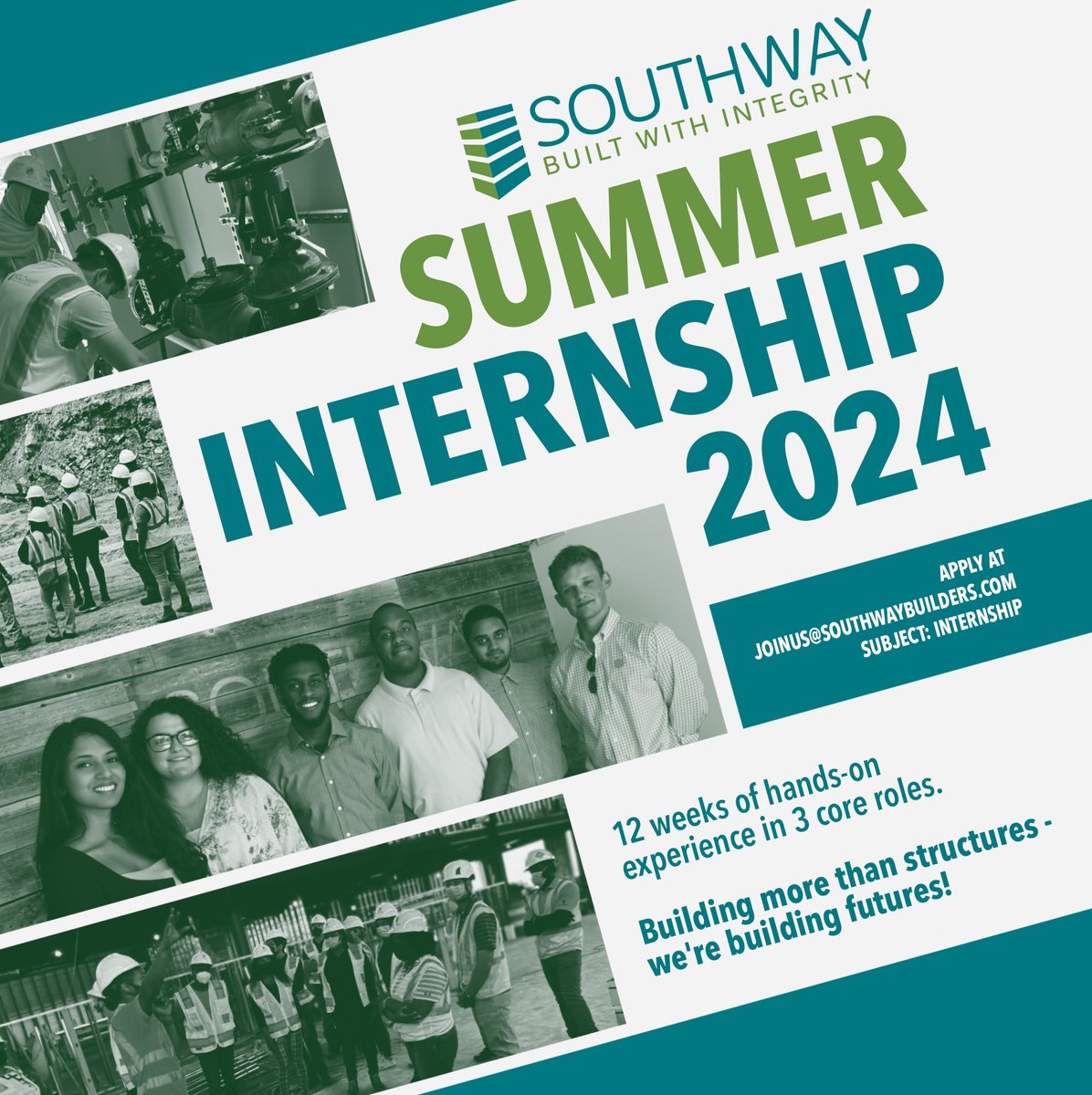 southwaybuilder's tweet photo. 🚀 Dive into construction management with Southway Builders' Summer 2024 Internship! 12 weeks of hands-on experience in 3 core roles. Building more than structures - we're building futures! 🏗️

📧 Apply: joinus@southwaybuilders.com - Subject: Internship

#Internship2024 https://t.co/TwhTG7tY6t