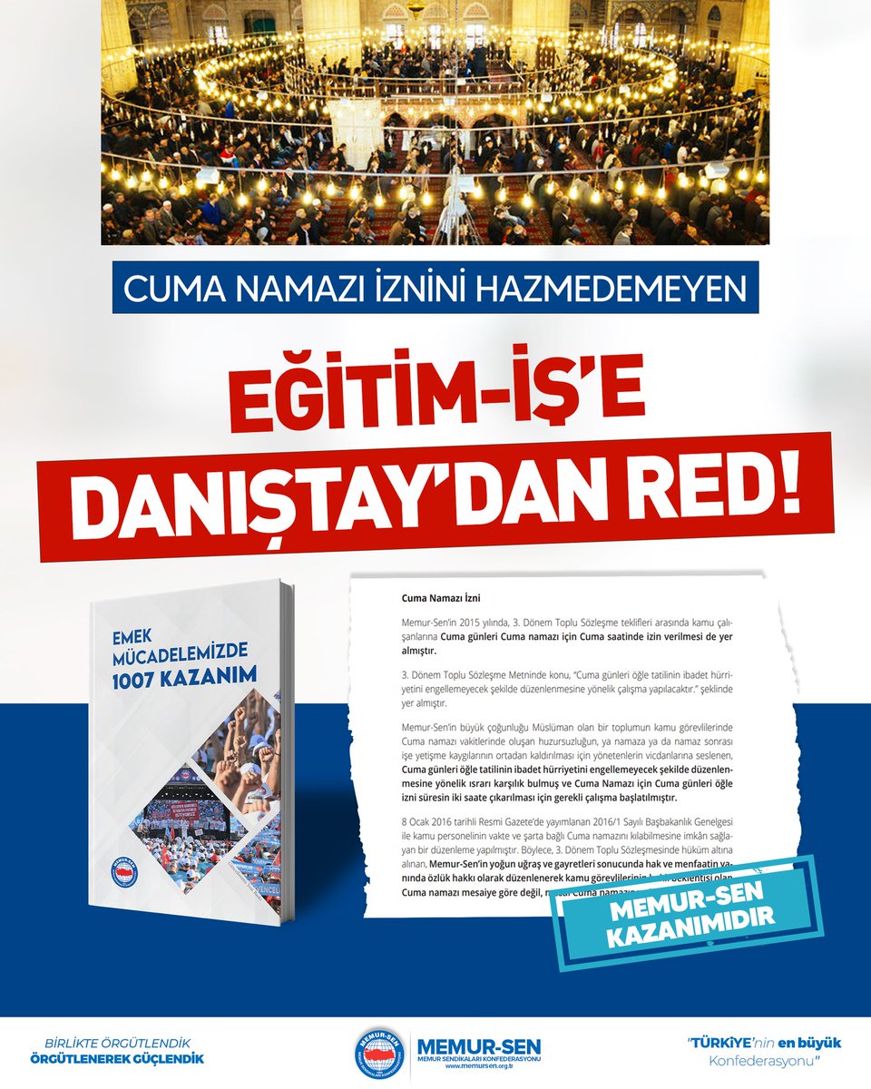 🔴 Cuma Namazı İznini Hazmedemeyen Sendikaya Danıştay’dan Red!

Birleşik Kamu-Iş’e bağlı Eğitim-İş, Memur-Sen’in 3. Dönem Toplu Sözleşme’de hüküm altına alarak kamu görevlilerinin kazanım hanesine eklediği “Cuma Namazı İzni”nin iptali istemiyle açtığı davayı kaybetti.