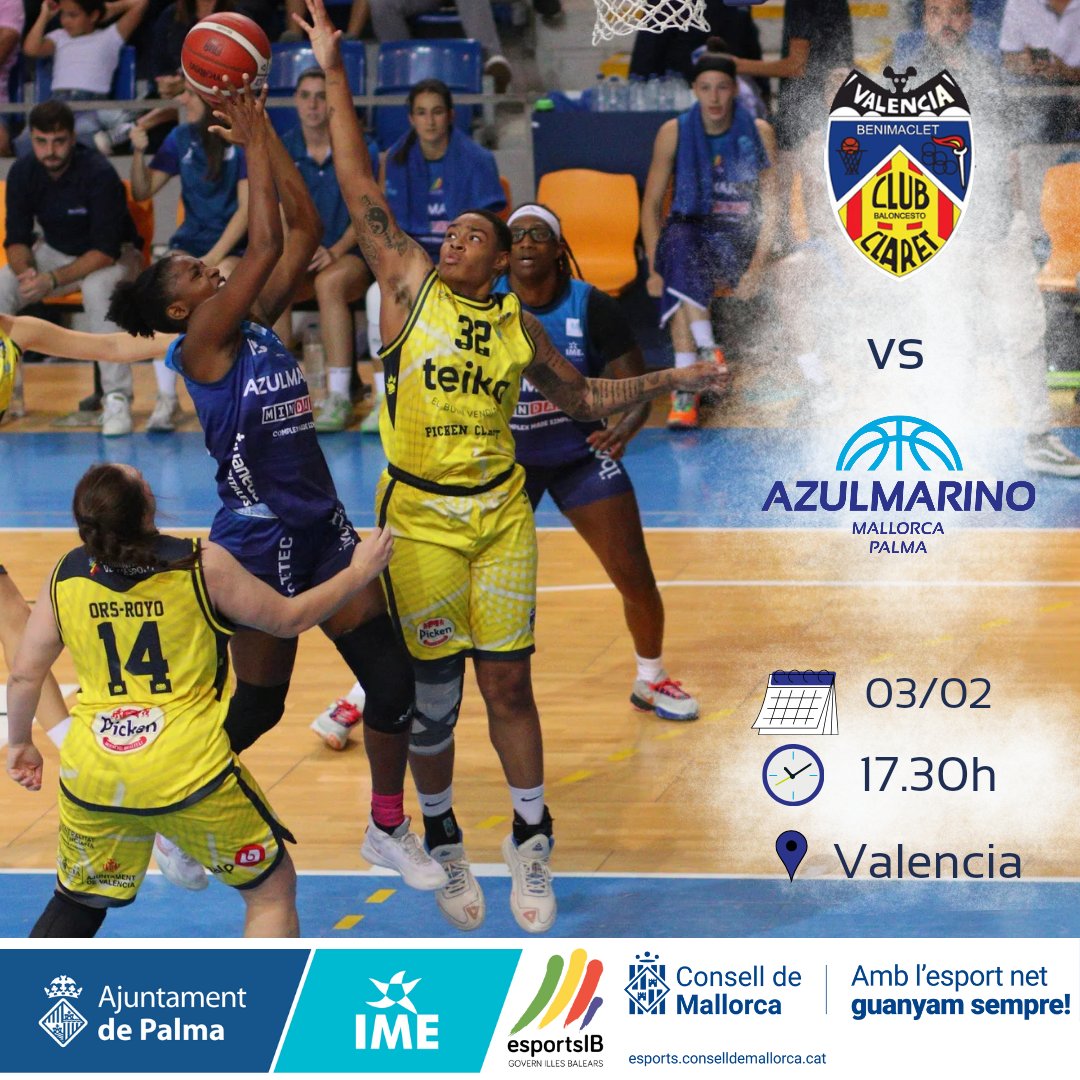 🔜 𝐉𝐎𝐑𝐍𝐀𝐃𝐀 𝟐𝟎 🏀 #LFChallenge 

El sábado viajaremos a ✈️ Valencia para jugar contra <a href="/CBClaret/">CB Claret Benimaclet</a> 🦈💪🏽

🗓 Sábado 3/02
🕠 17:30
🆚️ <a href="/CBClaret/">CB Claret Benimaclet</a>
📍Pabellón Universidad de Valencia
📺 FEB Tv

#SumatAlRepte #TeamBurón #AzulMarinoMallorca