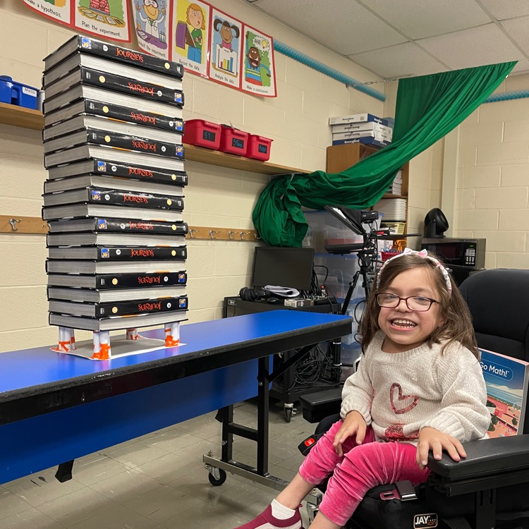 BethpageUFSD's tweet photo. The paper platform engineering challenge. (26 books stacked)Way to go CCS! #wearebethpage https://t.co/ljMXs8Batp