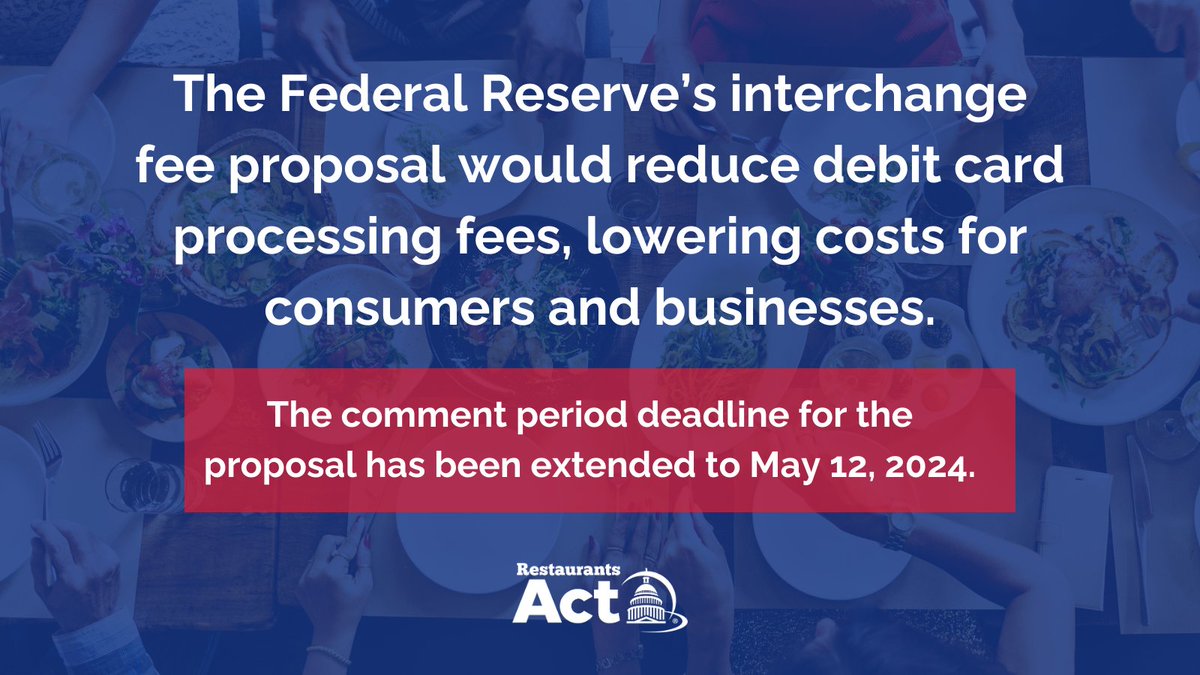 RestaurantsAct's tweet photo. #ICYMI: The @federalreserve extended the comment period for its proposed rule on debit card fees to May 12, 2024. 

This legislation would drive down debit card processing fees, providing financial relief to both operators &amp; consumers. Learn more: https://t.co/Q1BbfWQWiY https://t.co/X9sFG7nMuW