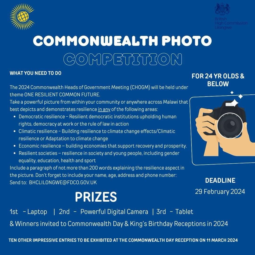 Calling on Malawian young people aged 24 years and below to take part in the Commonwealth photo competition and win fabulous prizes: a brand new laptop, a powerful digital camera, a sleek tablet and a chance to attend British High Commission's high profile events this year.