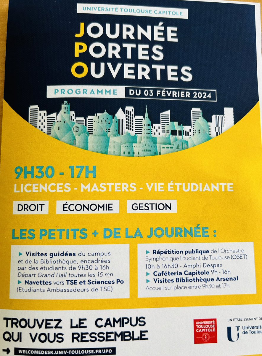 La JPO à <a href="/UTCapitole/">Université Toulouse Capitole</a> , c’est samedi 3 février!
Retrouvez moi avec les étudiants du <a href="/M2CT_UT1/">M2 Droit des collectivités territoriales</a> de 9h30 à 17h sur le site. Et à 13h pour une conférence sur le master Droit des collectivités territoriales