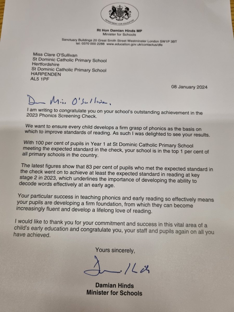 Exciting news! Our school received a remarkable acknowledgement from the Minister for Schools for being among the top 1% nationwide in phonics (2023). We are very proud of the children. 💫