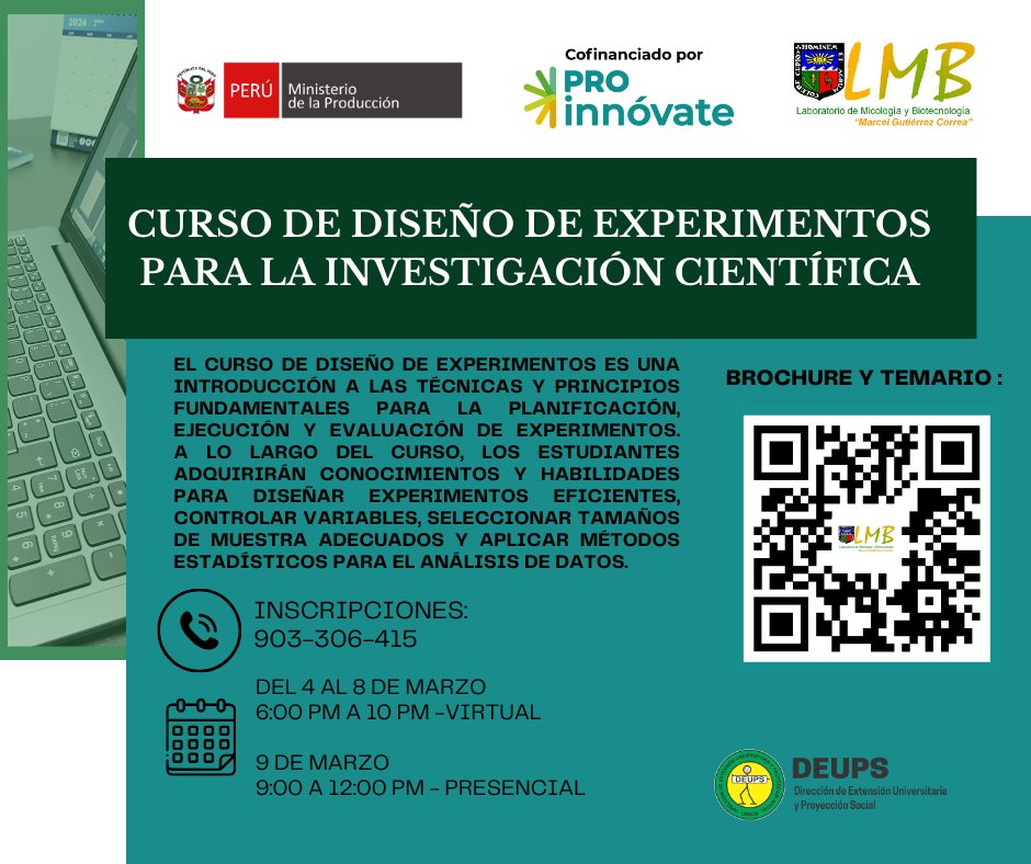 decpsunalm's tweet photo. 📣 Curso ❞𝐃𝐢𝐬𝐞𝐧̃𝐨 𝐝𝐞 𝐄𝐱𝐩𝐞𝐫𝐢𝐦𝐞𝐧𝐭𝐨𝐬 𝐩𝐚𝐫𝐚 𝐥𝐚 𝐢𝐧𝐯𝐞𝐬𝐭𝐢𝐠𝐚𝐜𝐢𝐨́𝐧 𝐜𝐢𝐞𝐧𝐭𝐢𝐟𝐢́𝐜𝐚❞ 🧪🔬🔍
🗓️ Inicio 11 de marzo de 2024
Más info:
📧marketing.lmb@lamolina.edu.pe
📱WhatsApp: https://t.co/SMfKxphqk8
#UNALM #ProInnovate #LMB #Decps #Agraria https://t.co/hug4ULbb2R