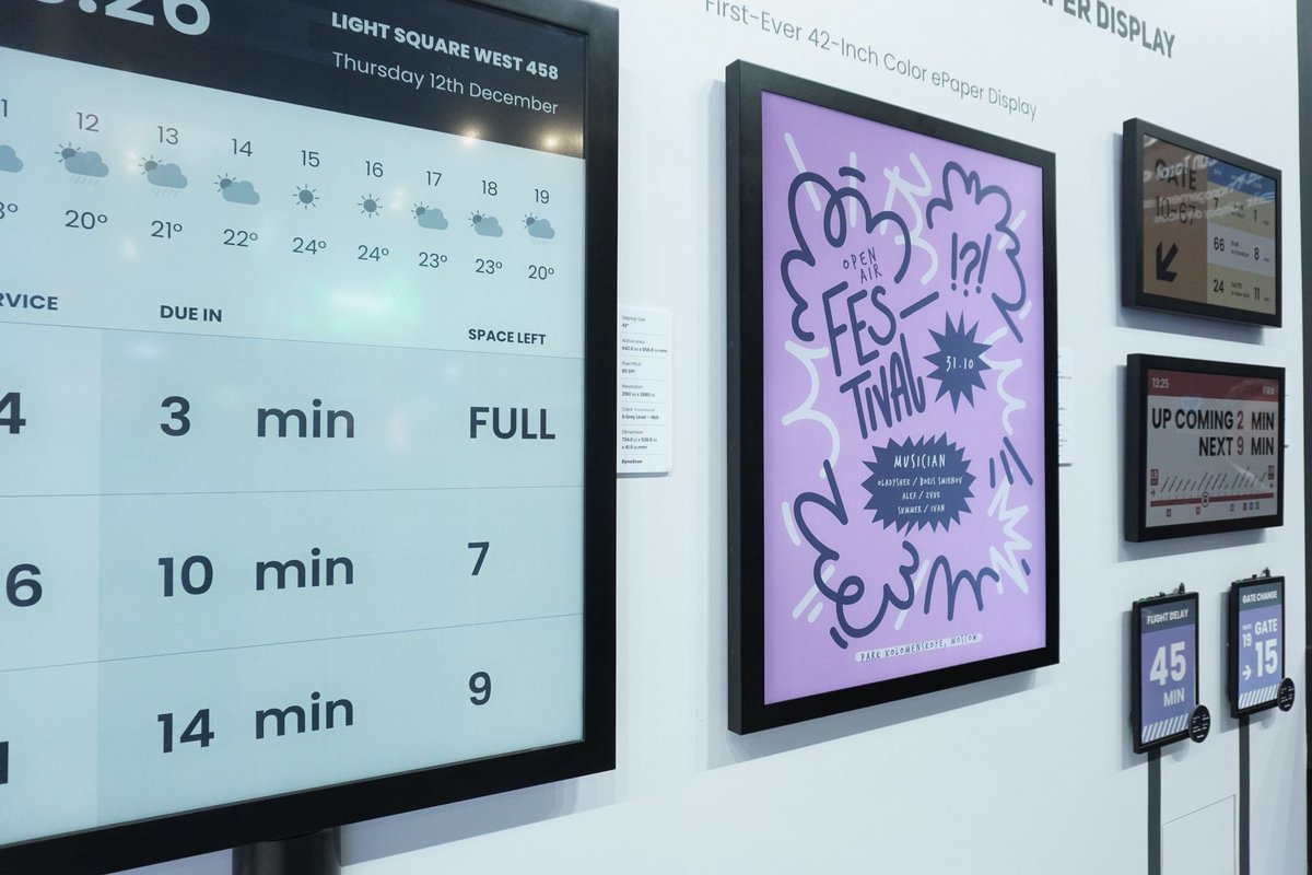 dynascan's tweet photo. We are excited to debut an ultra-low power DOOH product line with E Ink display tech, including the world’s largest E Ink Kaleido™ 3 color ePaper. DynaScan ePaper displays offer excellent sunlight readability & low power. Visit us at #3D700! #ISE2024 #DynaScan #ePaper #EInk https://t.co/F0HnQIyKnO