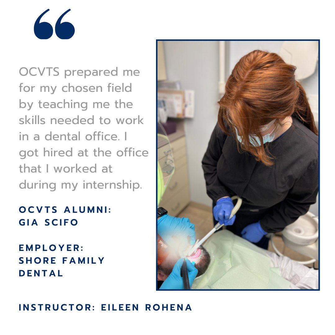 Congratulations to dental assisting alumni, Gia! 🦷 She was hired by Shore Family Dental, the practice where she completed her internship! Want to know how to partner with us at OCVTS? Email jrosenfeld@ocvts.org #ocvts #dentalassisting #cte #vocationalschool