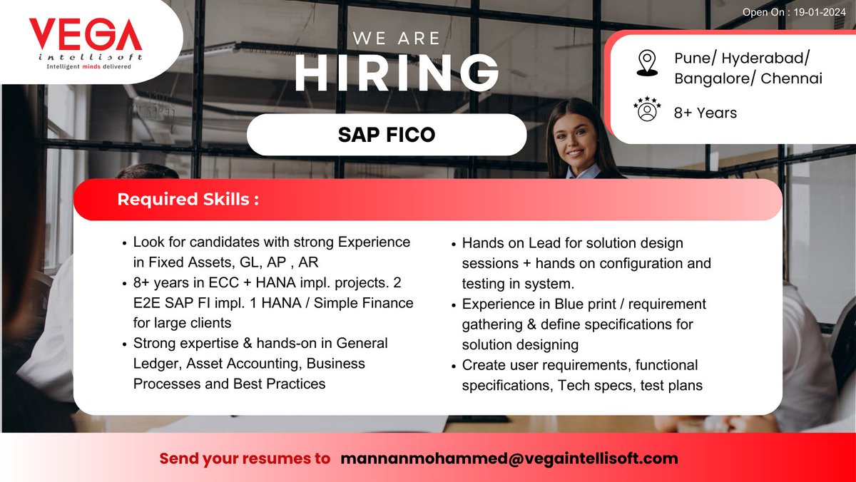 We are hiring! 🙂
Job Position : SAP FICO
👉Interested? Share your resume to 📨 mannanmohammed@vegaintellisoft.com

#vegaintellisoft #job #career #hiring #wearehiring #SAPFICO
#SAPFinance
#SAPControlling
#SAPConsultant
#FICOImplementation
#FinanceJobs
#FinanceSystems
#SAP