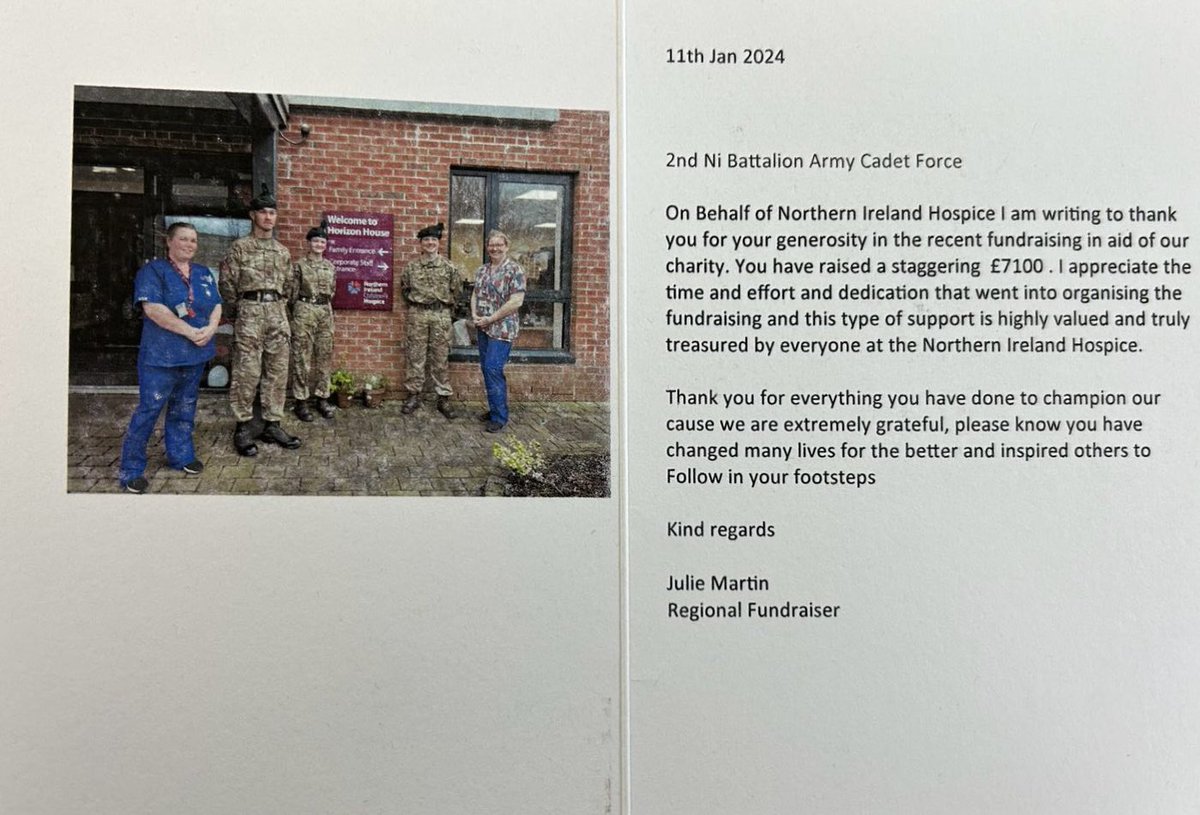 A huge well done goes to E (Ranger) Company who have raised a staggering £7,100 for @NIHospice. This is a phenomenal amount and we are extremely proud of every Cadet and CFAV for raising these much needed funds for the charity. Well done everyone 👏🏼☘️ @AcfBallygowan @RFCANI