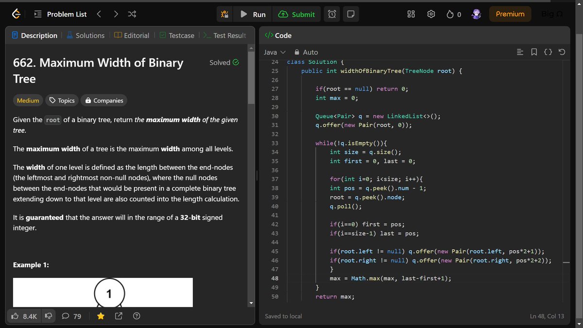 nehathecoder's tweet image. Day 99 of #100DaysOfCode
Dived into some Bit Manipulation 🏊♀️
🌟DSA :
✅ Maximum Width of Binary Tree
✅ Binary Tree Pruning
✅ Peak Index in a Mountain Array
#leetcode #dsa