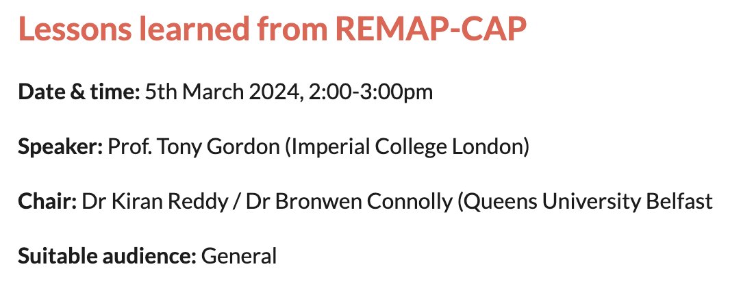 Join us next week for a compelling talk by Prof Tony Gordon (@agordonICU) on 'Lessons learned from REMAP-CAP. Register now to secure your spot: eventbrite.com/e/research-lea…