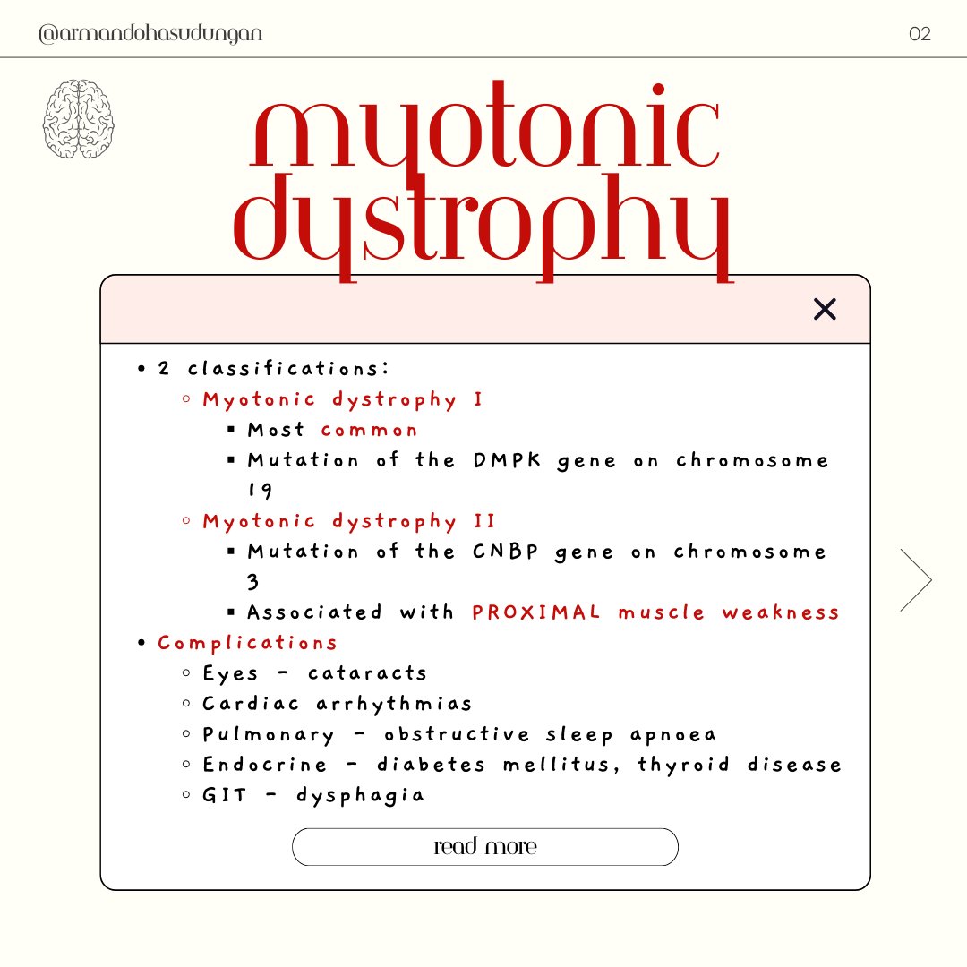 armandohasudung's tweet photo. Myotonic dystrophy is an inherited autosomal dominant disorder. There are two types of myotonic dystrophy and both can cause a variety of complications.
Watch the full video here: https://t.co/Lx5k14qyqG
.
.
.
#Armando #myotonicdystrophy #medicalnotes https://t.co/M8rNpDyplV