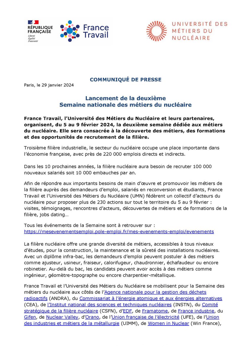 [Communiqué de presse] 2e édition de la Semaine des métiers du #nucléaire 📣

+ de 230 événements organisés partout en 🇫🇷 par France Travail, l’Université des Métiers du Nucléaire et leurs partenaires ➡️ francetravail.org/accueil/commun… <a href="/Andra_France/">Andra</a> <a href="/CEA_Officiel/">CEA</a> <a href="/uimm/">UIMM La Fabrique de l'Avenir</a> #AvecFranceTravail