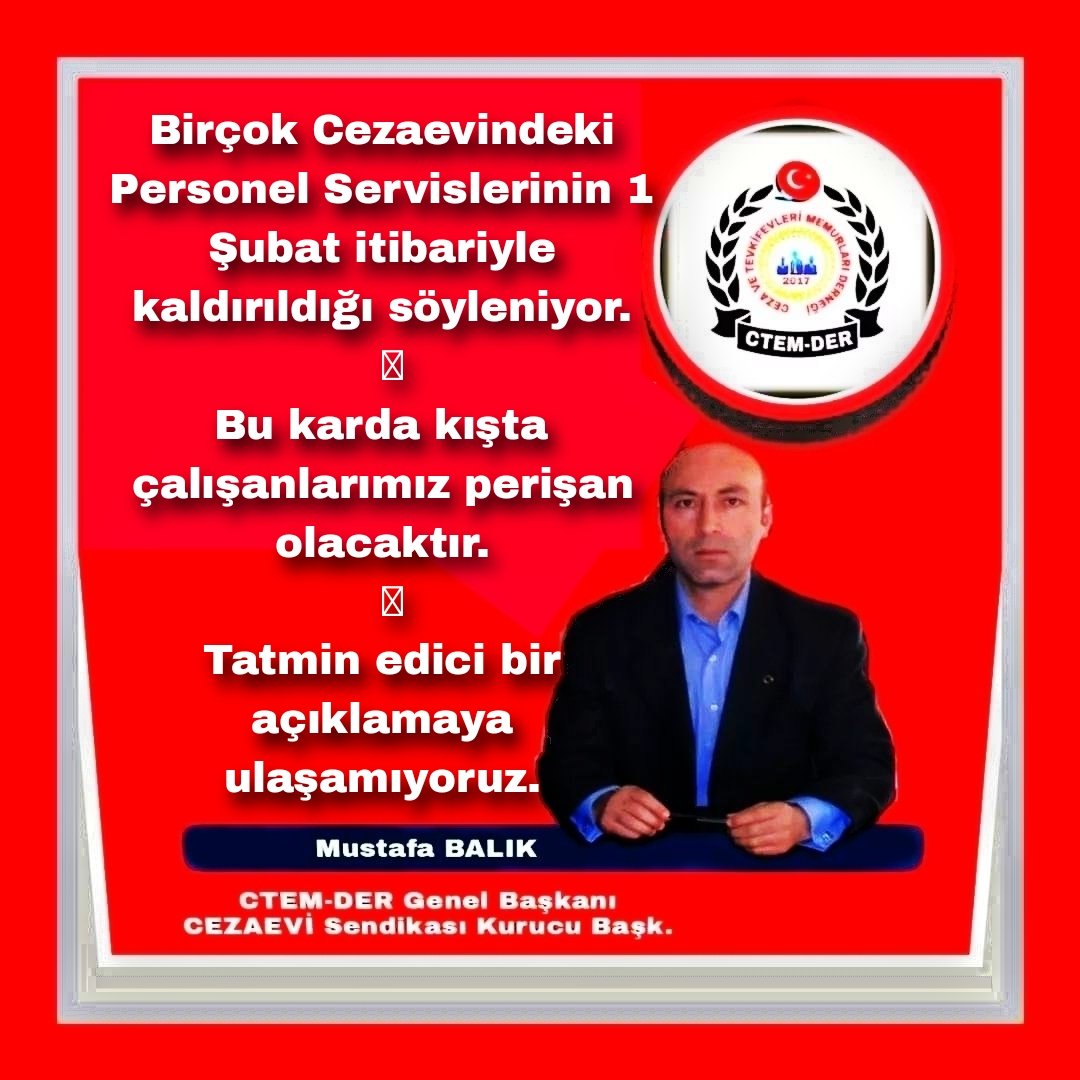 Birçok Cezaevindeki Personel Servislerinin 1 Şubat itibariyle kaldırıldığı söyleniyor.

Bu karda kışta çalışanlarımız perişan olacaktır. 

Tatmin edici bir açıklamaya ulaşamıyoruz.
<a href="/yilmaztunc/">Yılmaz TUNÇ</a>
<a href="/ctekurumsal/">Ceza ve Tevkifevleri Genel Müdürlüğü</a> 
<a href="/TVAdalet/">adalet.tv</a> 
<a href="/adalet_bakanlik/">T.C. Adalet Bakanlığı</a> 
<a href="/YavuzEnis/">Enis Yavuz Yıldırım</a>