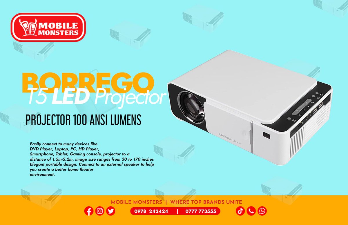 mobilemonsters2's tweet photo. Watch your visual content in a more smooth and better way. Display your content in a bigger, entertaining and clear format. Borrego T5 LED Projector is designed to give you the fullest satisfaction you need. https://t.co/o69wn3KB2i