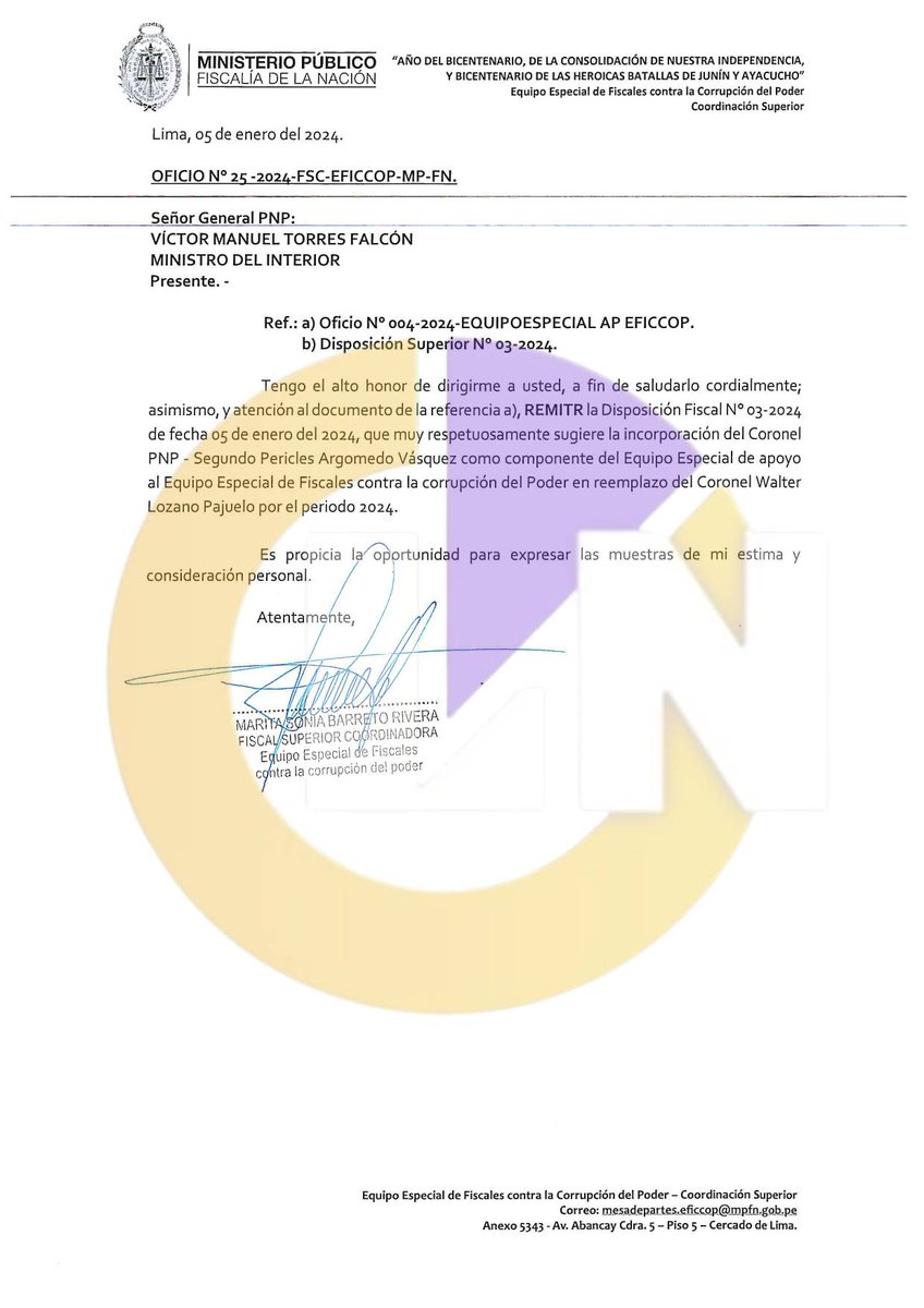 Latina_Noticias's tweet photo. 🚨 #ATENCIÓN | A pesar de los constantes pedidos de la fiscal Marita Barreto al ministro del Interior, Víctor Torres, no se ha formalizado la designación del Cnel. PNP Segundo Argomendo, en reemplazo del Cnel. PNP Walter Lozano como nuevo integrante del Equipo de la PNP en apoyo a la EFICCOP.

La fiscal Barreto, además, solicitó reuniones de trabajo las cuales el ministro del Interior ha postergado aduciendo carga laboral.