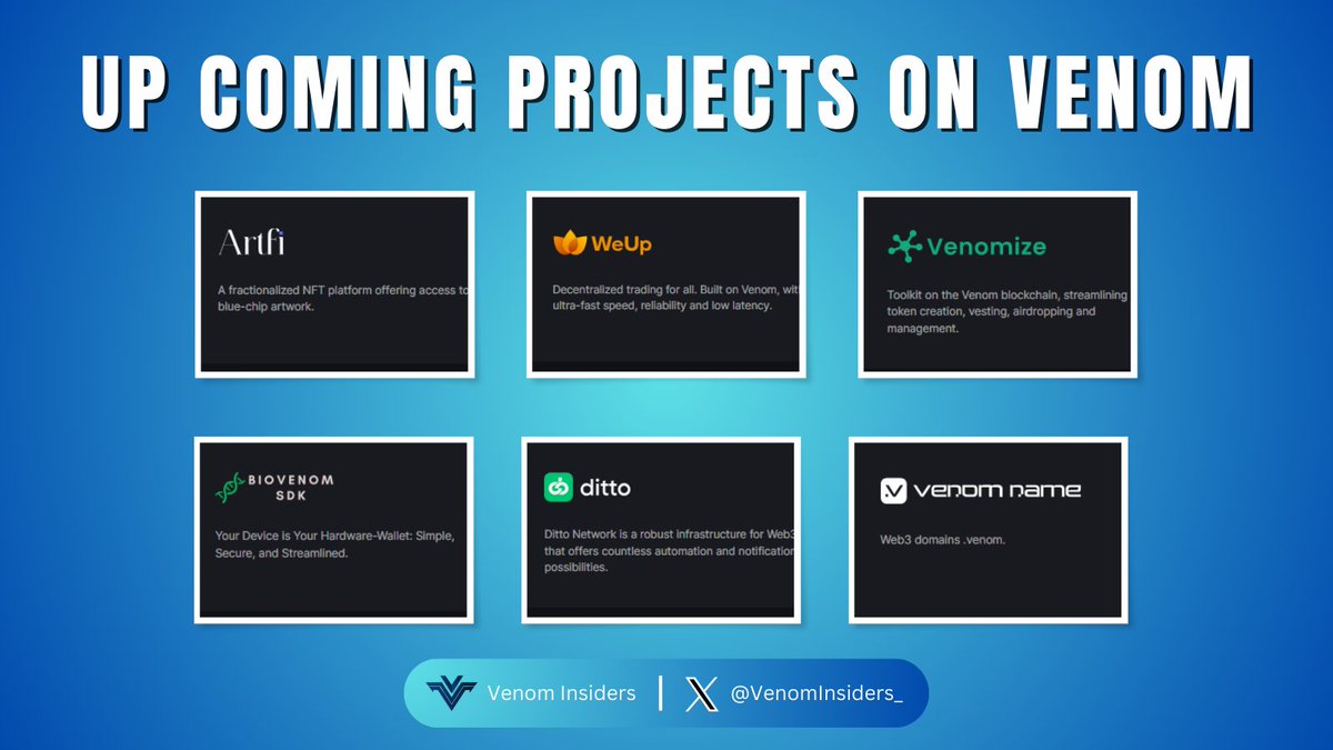 UP COMING PROJECTS ON VENOM🚀

The #Venom mainnet is approaching closer than ever. Many projects have successfully participated in the #Testnet, and let's see which potential projects will come next🔥

Like, RT and Drop your Venom wallet👇

#Venom #VenomTestnet