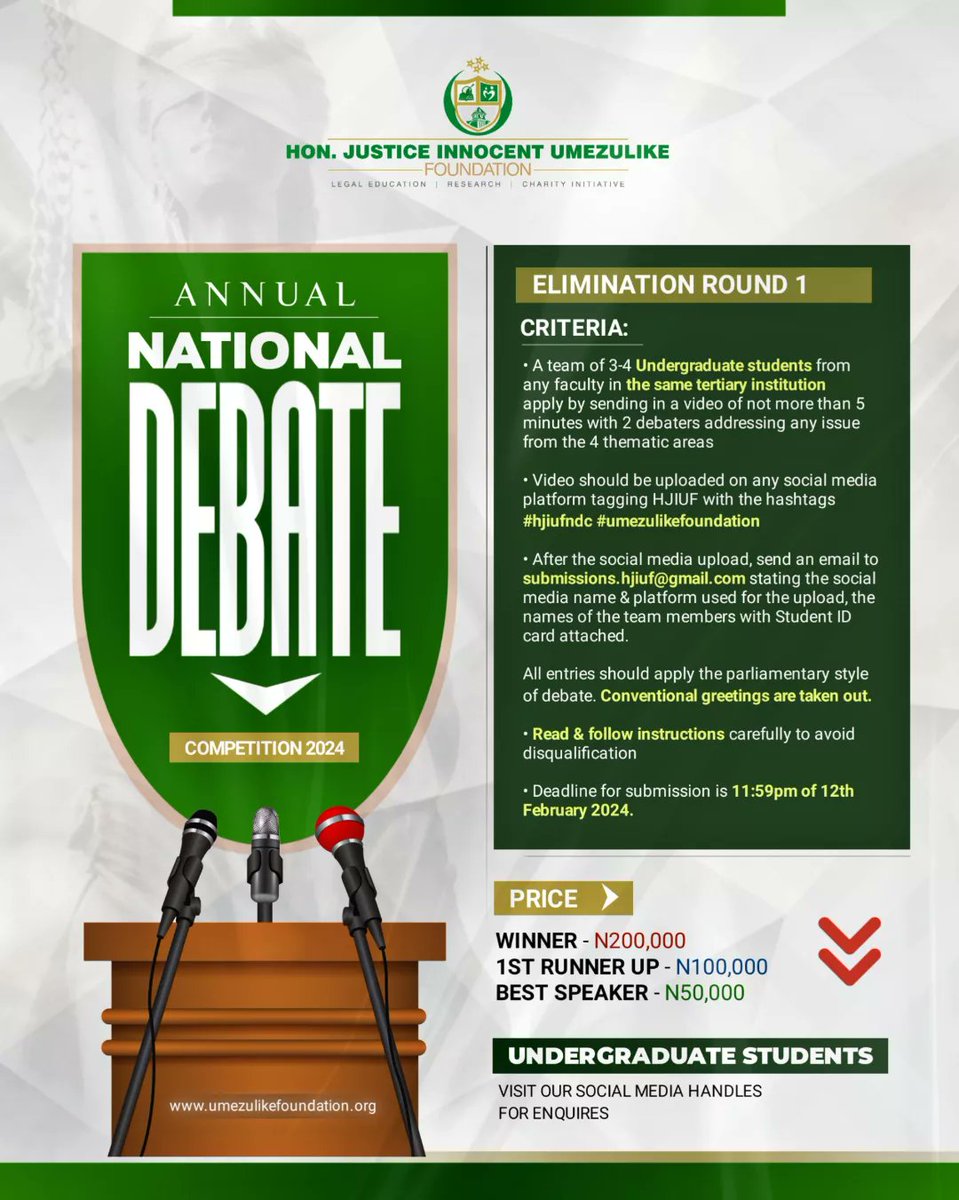HJIU_Foundation's tweet image. #SPECIAL ANNOUNCEMENT #slideleft
We are pleased to announce THE ANNUAL NATIONAL DEBATE COMPETITION 2024 - All Disciplines Can Apply.

A COMBINED CASH PRIZE OF N350,000 TO BE WON!!! Follow the strict criteria below to be eligible.
To register use this link:
tinyurl.com/HJIUFmmdb24