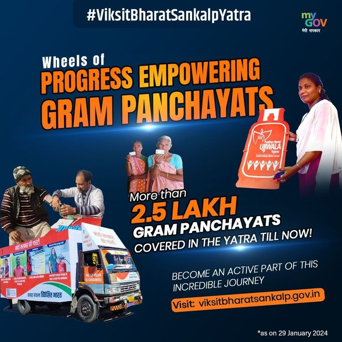 Under the visionary leadership of Hon'ble PM Shri @narendramodi ji, the collective spirit of Janbhagidari harnesses and progress blooms in every village. Joining hands with over 2.5 lakh Gram Panchayats, the #ViksitBharatSankalpYatra charts the course towards a developed Bharat.