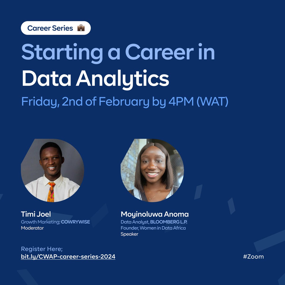 timi_joel's tweet photo. This weekend, we'd be having @moyinoluwaanoma of Bloomberg LP in one of our Career Series events at https://t.co/MKCEhIiMXs; Starting a Career in Data Analytics. 

Registration link: https://t.co/FrQjjNCNXh https://t.co/nBQGs3oQlX