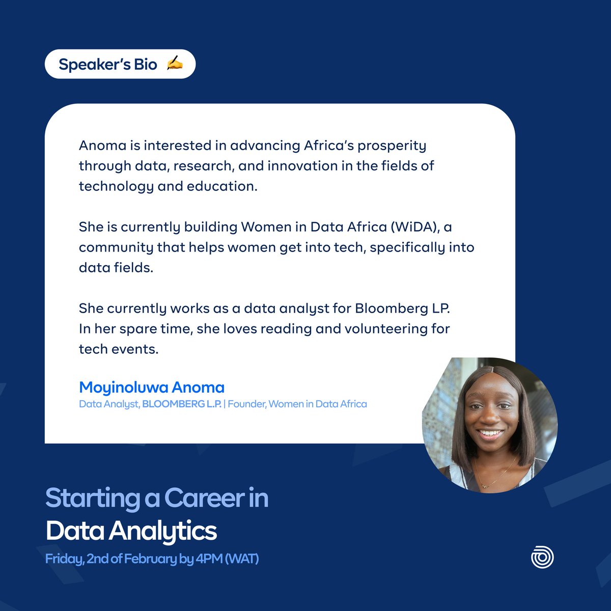 This weekend, we'd be having <a href="/moyinoluwaanoma/">Moyinoluwa Ánòmá</a> of Bloomberg LP in one of our Career Series events at cowrywise.com/ambassadors; Starting a Career in Data Analytics. 

Registration link: bit.ly/CWAP-career-se…