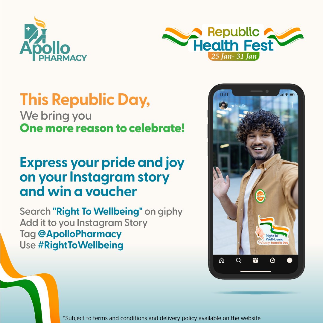 ApolloPharmacy's tweet photo. Celebrate Republic Day with us! Participate now and search #RightToWellBeing on Giphy. Add the spirit of health to your Instagram profile and tag us. Unlock exclusive discounts on wellness essentials by joining the celebration! Don't miss out on this special offer and let's spread wellness together!
Click Here to participate -https://t.co/rKHev465oj
#RepublicDay #HealthForAll #ApolloPharmacy