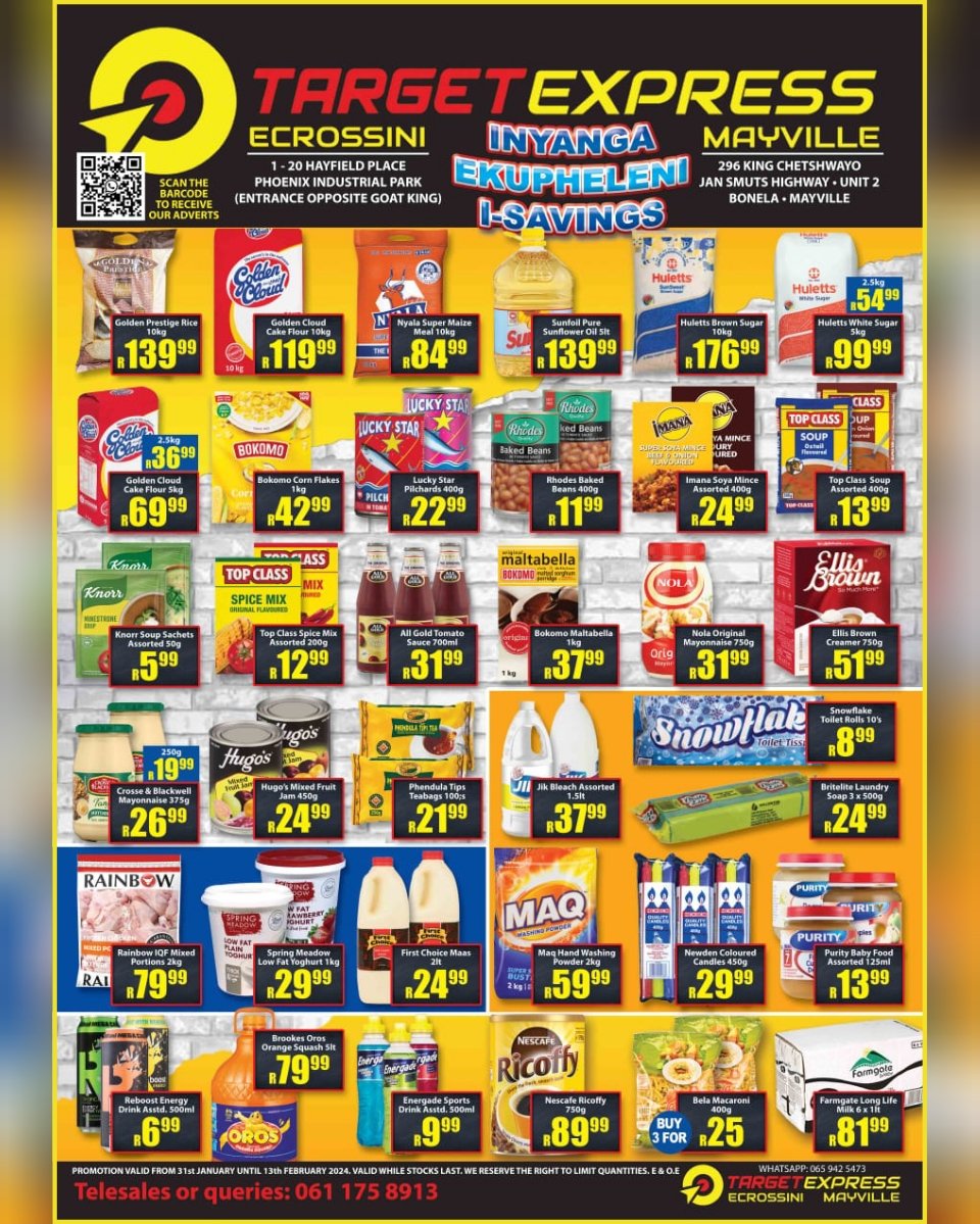 targetcnc's tweet photo. π΄π―Inyanga Ekupheleni i-Savingsπ―π΄
Everyday Low Prices..
π― Promotion starts 31/01/2024 & ends 13/02/2024
π― Massive Combo Deals
π― Traders Welcome
Prices Valid while Stocks last.
#Target #express #cashandcarry #targetexpress #targetexpressecrossini #targetsupermarketmayville https://t.co/0PDLOeFgYD