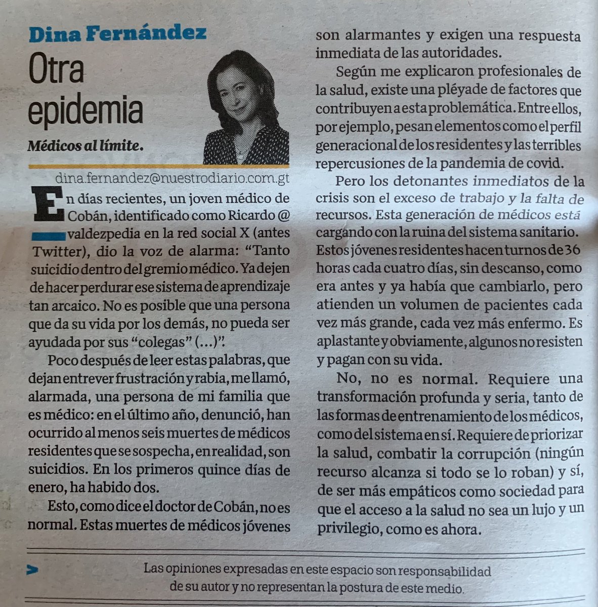 Dina Fernandez (@dfernandezg) on Twitter photo Ha habido 6 suicidios en un año de médicos residentes en hospitales públicos, 2 en enero. Los médicos jóvenes están cargando con la ruina de salud pública y algunos colpasan. Urge que las autoridades tomen acción y resuelvan a fondo. Publicado ayer en <a href="/NuestroDiario/">Nuestro Diario</a> Ha habido 6 suicidios en un año de médicos residentes en hospitales públicos, 2 en enero. Los médicos jóvenes están cargando con la ruina de salud pública y algunos colpasan. Urge que las autoridades tomen acción y resuelvan a fondo. Publicado ayer en <a href="/NuestroDiario/">Nuestro Diario</a>