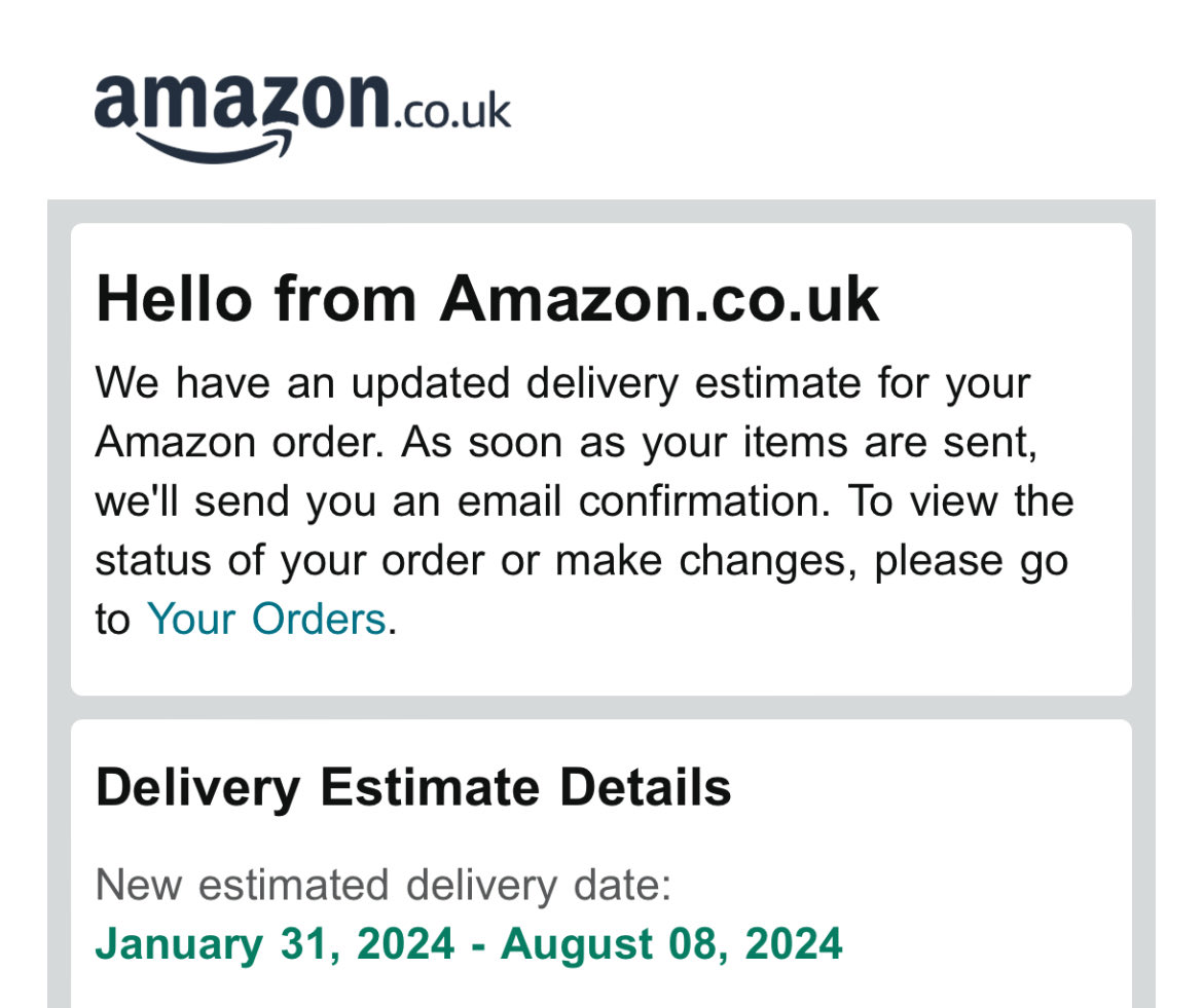 Thanks ⁦<a href="/amazon/">Amazon</a>⁩, I’ll make sure I’m around for delivery every day for the next 6+ months 👍🏼🙈